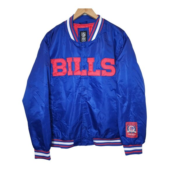 Buffalo Bills Satin Bomber Jacket Double Sided Spellout Logo Men's XL NEW - Picture 1 of 12